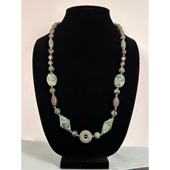 Handmade Green Turquoise and Silver 30in Beaded Necklace, Optionally Adjustable - Picture 1 of 7